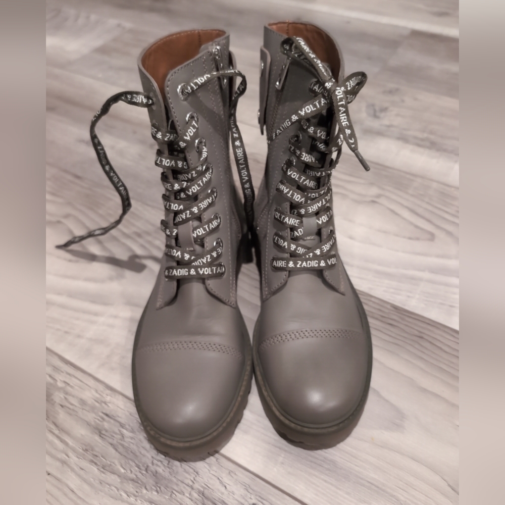 Zadig & Voltaire Gray Combat Moto Boots with Matte Finish